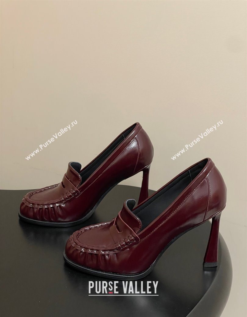 Saint Laurent Le Loafer High Heel Pumps 10cm in Oil Leather Dark Burgundy 2025 8589700 (MD-251213067)