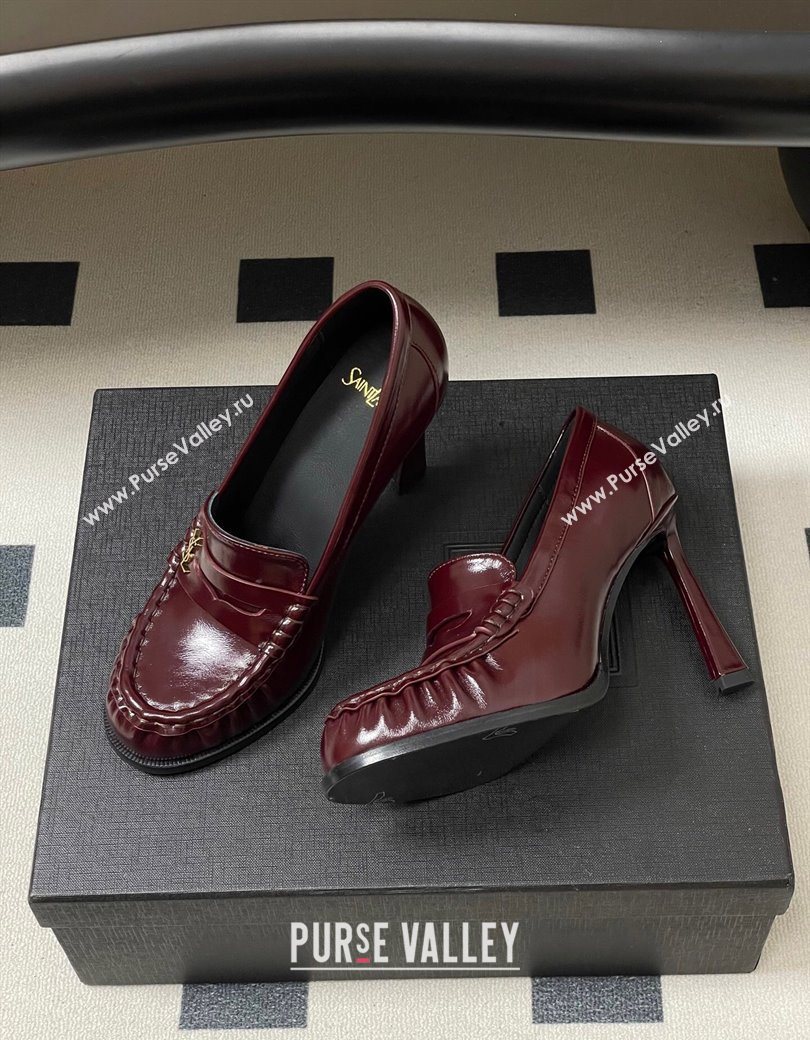 Saint Laurent Le Loafer High Heel Pumps 10cm in Oil Leather Dark Burgundy 2025 8589700 (MD-251213067)