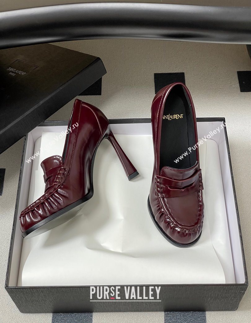 Saint Laurent Le Loafer High Heel Pumps 10cm in Oil Leather Dark Burgundy 2025 8589700 (MD-251213067)