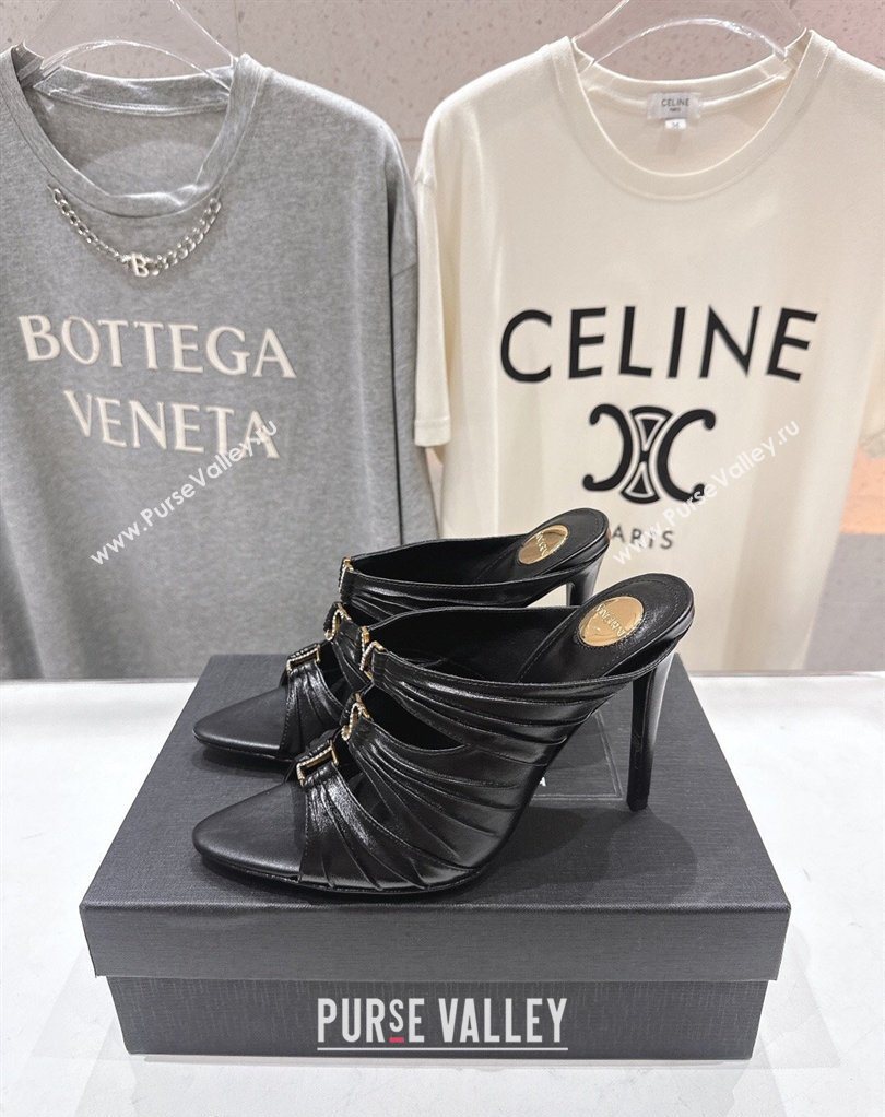 Saint Laurent Emilie Heel Slides Sandal 10cm in Oil Leather Black 2026 SL022401 (MD-260224099)