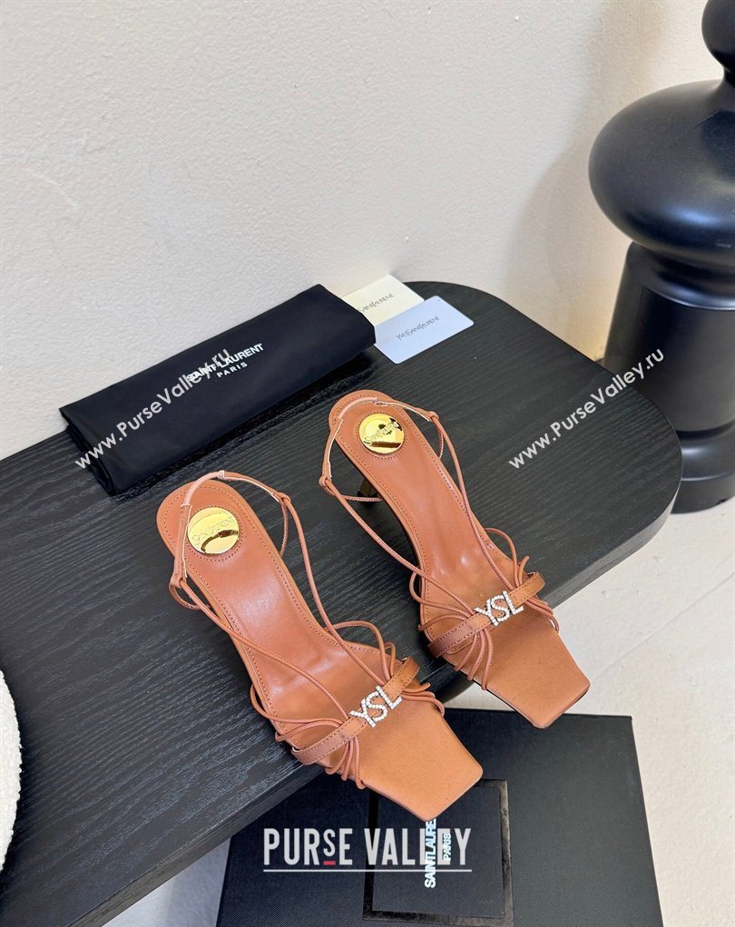 Saint Laurent Jerry Heel Sandals 8cm in Satin with Strap Brown 2026 SL022403 (MD-260224107)