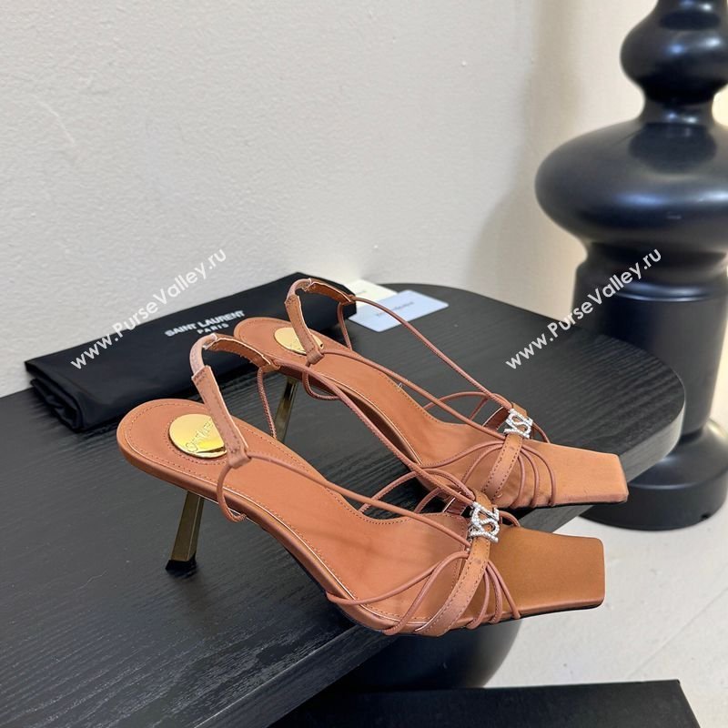 Saint Laurent Jerry Heel Sandals 8cm in Satin with Strap Brown 2026 SL022403 (MD-260224107)