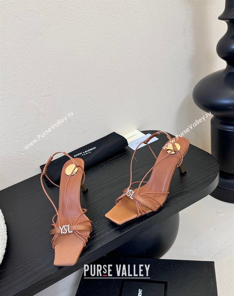 Saint Laurent Jerry Heel Sandals 8cm in Satin with Strap Brown 2026 SL022403 (MD-260224107)