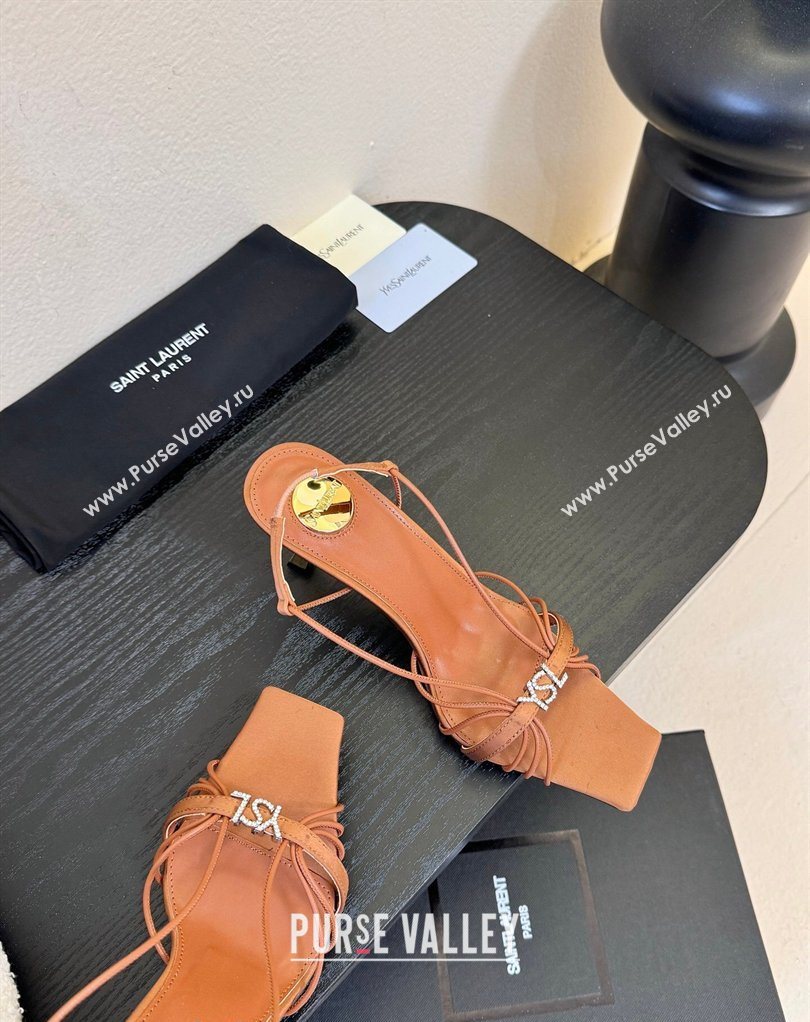 Saint Laurent Jerry Heel Sandals 8cm in Satin with Strap Brown 2026 SL022403 (MD-260224107)