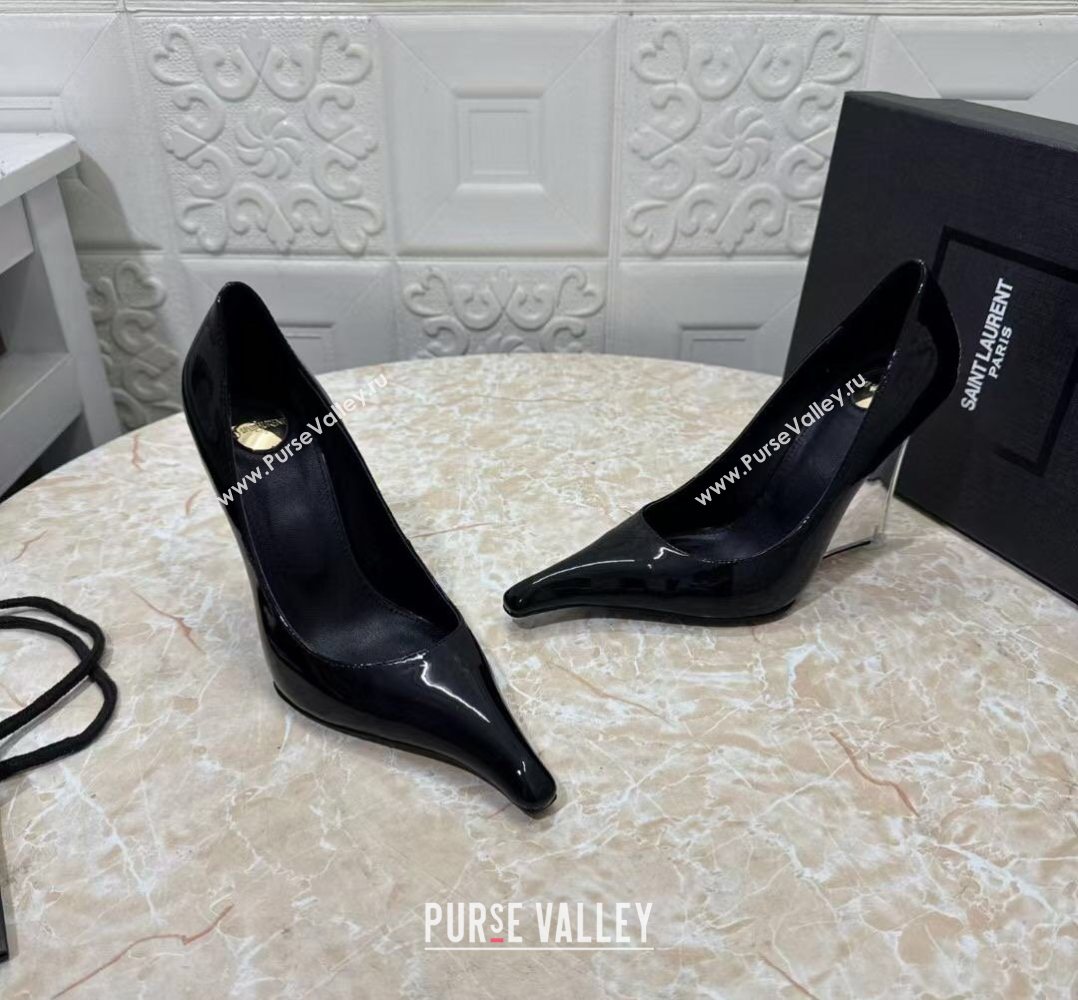 Saint Laurent Patent Leather Wedge Pumps 10.5cm with Clear Heel Black 2026 SL022405 (MD-260224120)