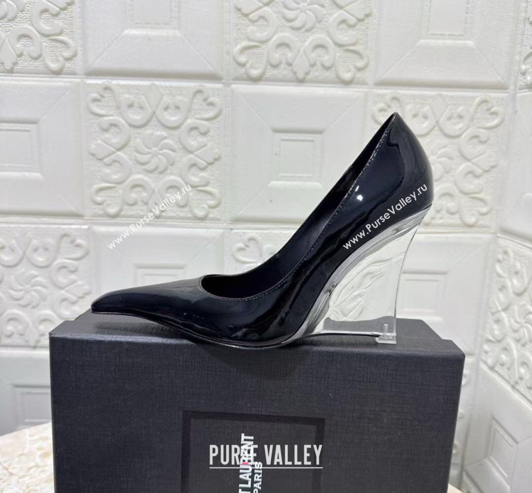 Saint Laurent Patent Leather Wedge Pumps 10.5cm with Clear Heel Black 2026 SL022405 (MD-260224120)