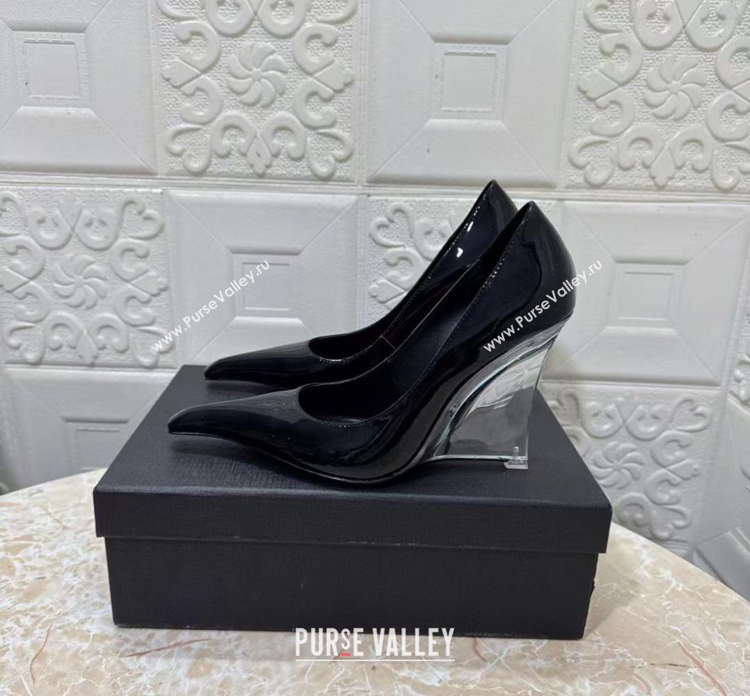 Saint Laurent Patent Leather Wedge Pumps 10.5cm with Clear Heel Black 2026 SL022405 (MD-260224120)