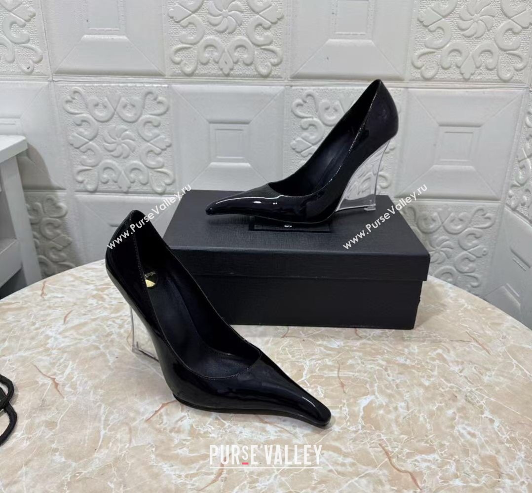 Saint Laurent Patent Leather Wedge Pumps 10.5cm with Clear Heel Black 2026 SL022405 (MD-260224120)