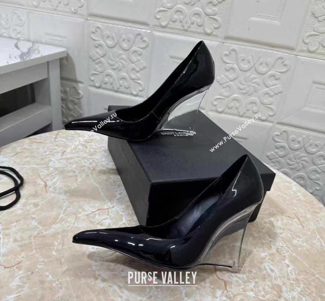 Saint Laurent Patent Leather Wedge Pumps 10.5cm with Clear Heel Black 2026 SL022405 (MD-260224120)