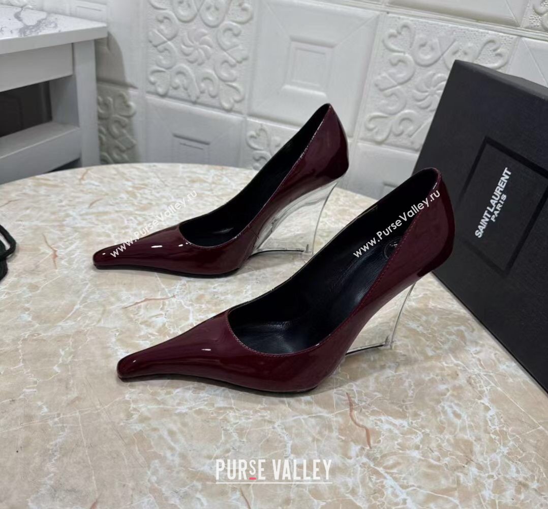 Saint Laurent Patent Leather Wedge Pumps 10.5cm with Clear Heel Burgundy 2026 SL022405 (MD-260224121)