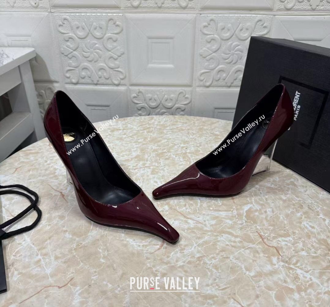 Saint Laurent Patent Leather Wedge Pumps 10.5cm with Clear Heel Burgundy 2026 SL022405 (MD-260224121)