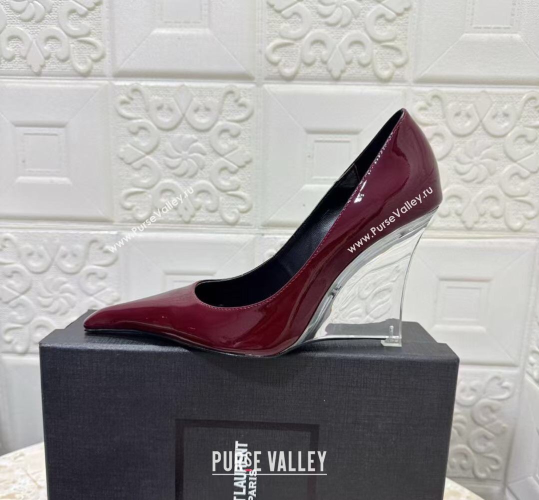 Saint Laurent Patent Leather Wedge Pumps 10.5cm with Clear Heel Burgundy 2026 SL022405 (MD-260224121)