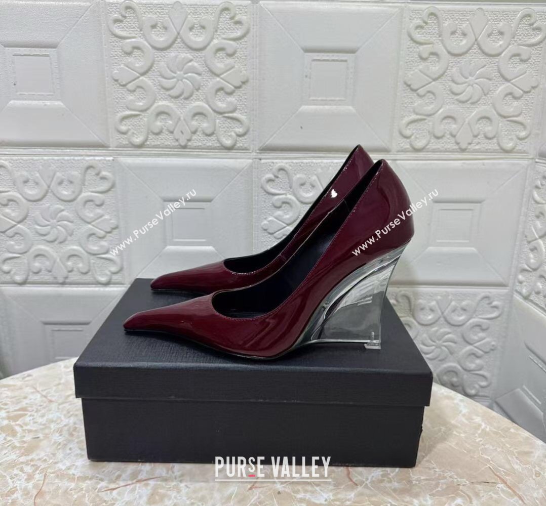 Saint Laurent Patent Leather Wedge Pumps 10.5cm with Clear Heel Burgundy 2026 SL022405 (MD-260224121)