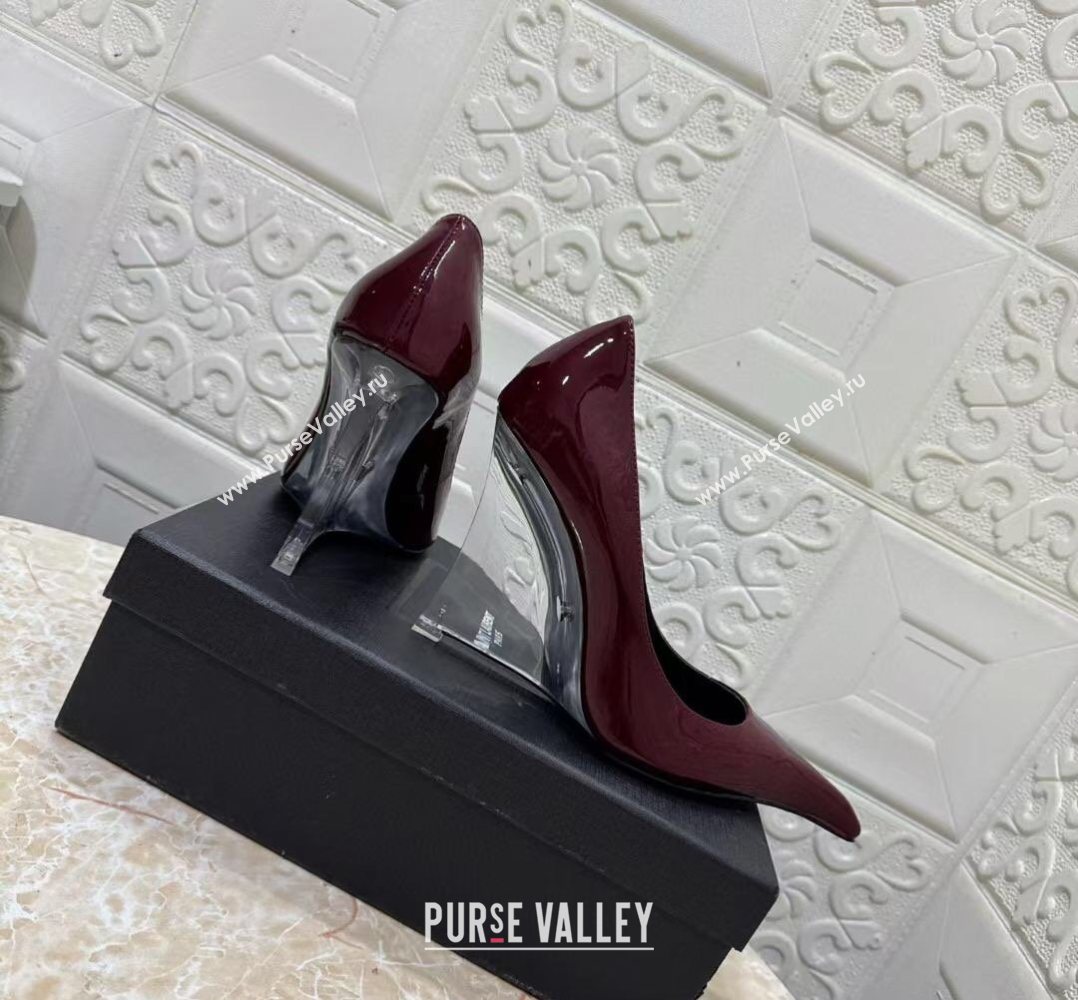 Saint Laurent Patent Leather Wedge Pumps 10.5cm with Clear Heel Burgundy 2026 SL022405 (MD-260224121)