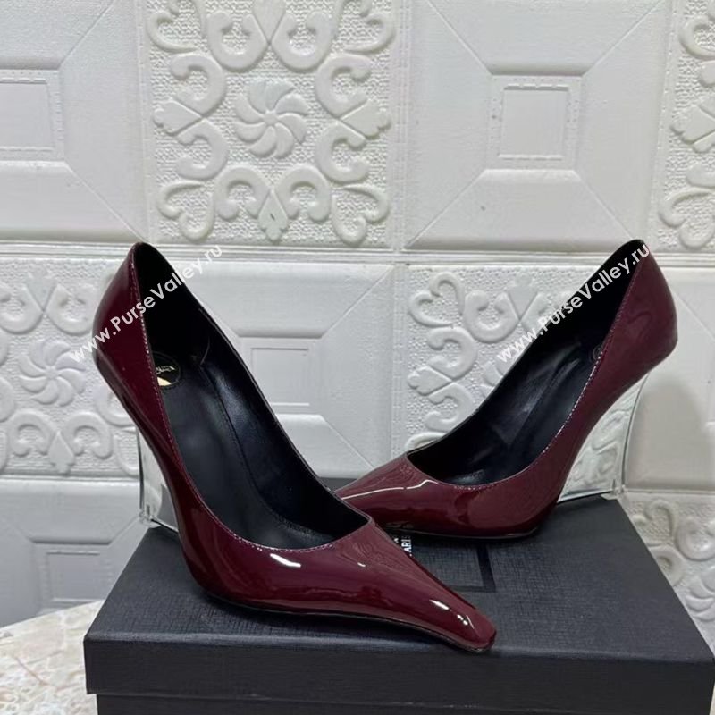 Saint Laurent Patent Leather Wedge Pumps 10.5cm with Clear Heel Burgundy 2026 SL022405 (MD-260224121)