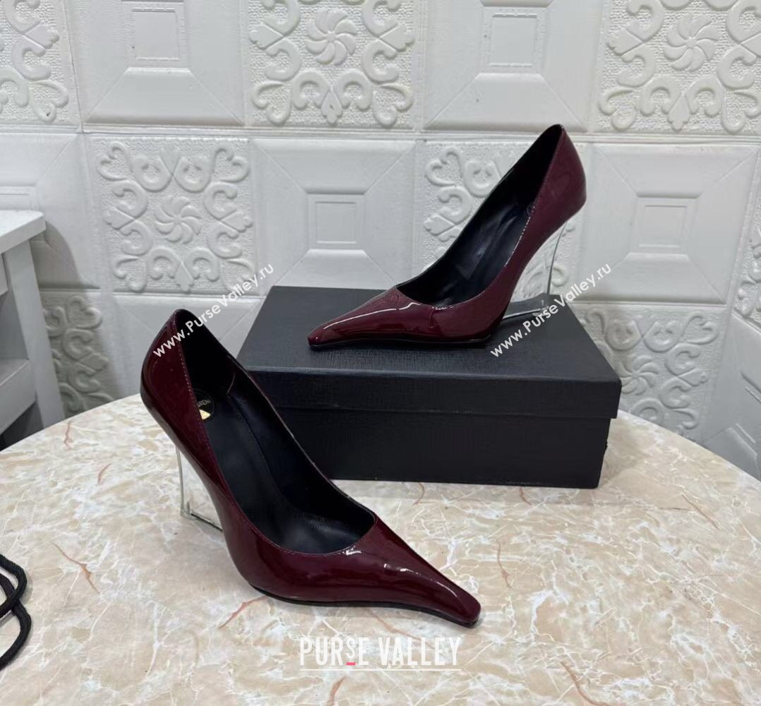 Saint Laurent Patent Leather Wedge Pumps 10.5cm with Clear Heel Burgundy 2026 SL022405 (MD-260224121)