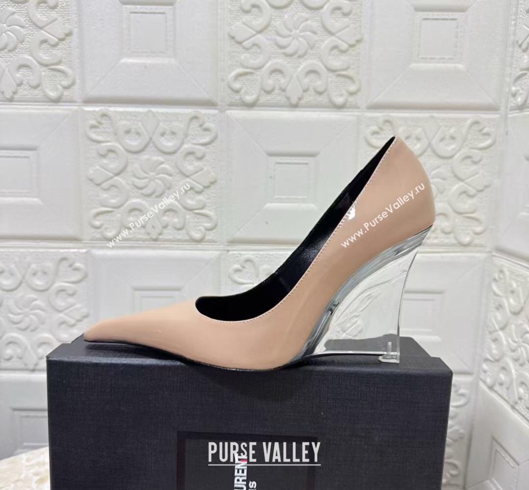 Saint Laurent Patent Leather Wedge Pumps 10.5cm with Clear Heel Nude 2026 SL022405 (MD-260224124)