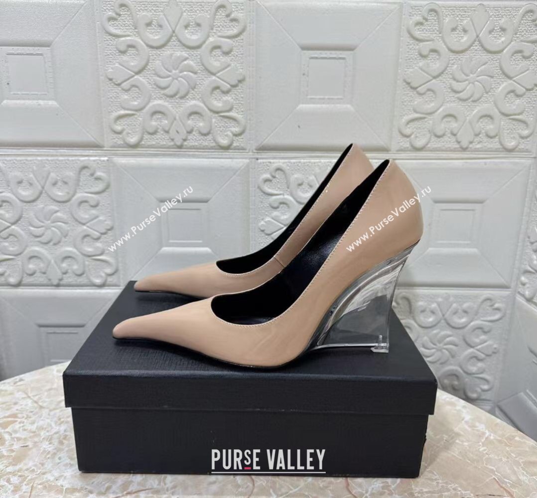 Saint Laurent Patent Leather Wedge Pumps 10.5cm with Clear Heel Nude 2026 SL022405 (MD-260224124)