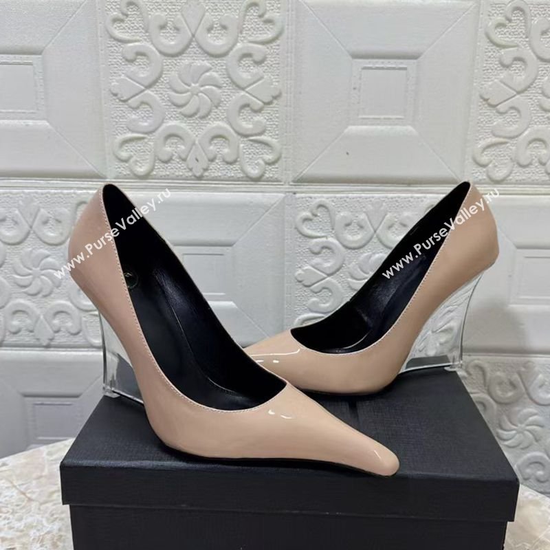 Saint Laurent Patent Leather Wedge Pumps 10.5cm with Clear Heel Nude 2026 SL022405 (MD-260224124)