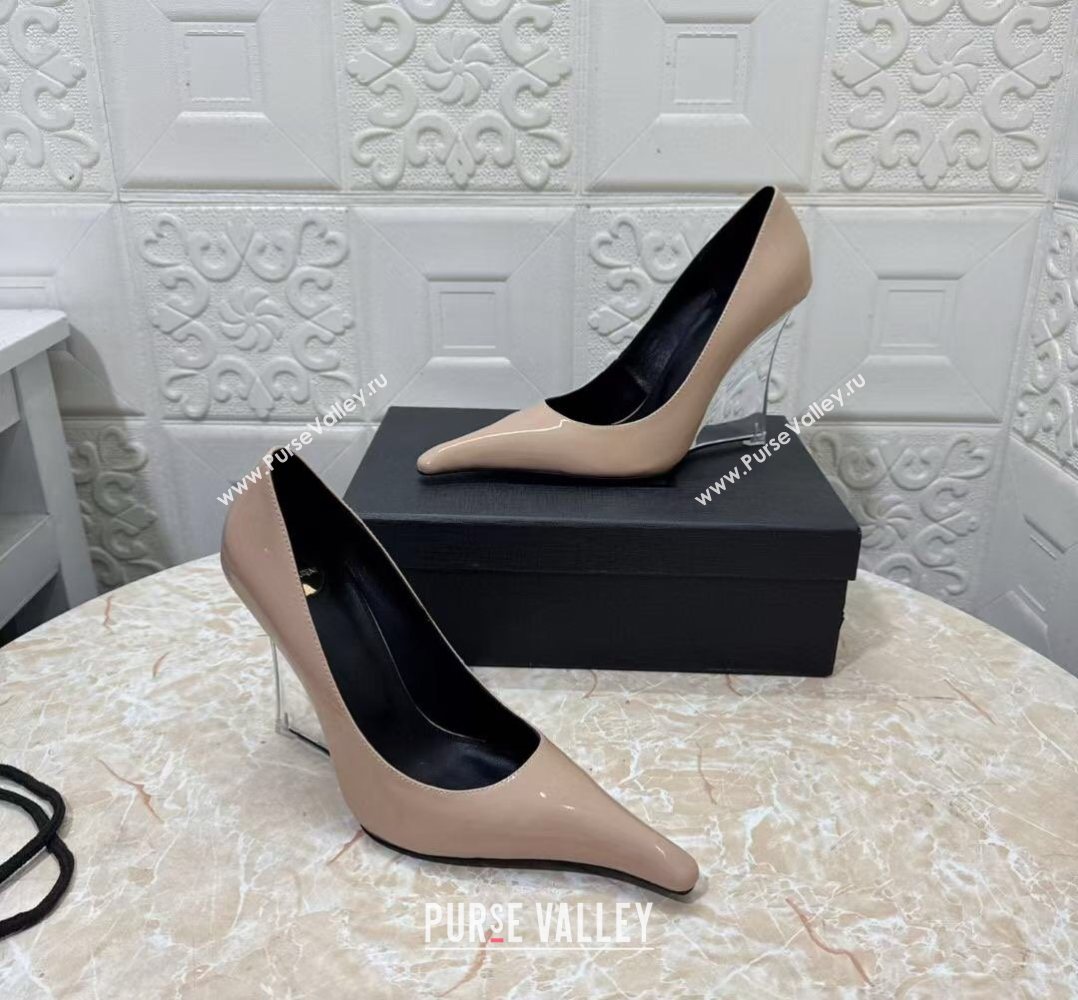 Saint Laurent Patent Leather Wedge Pumps 10.5cm with Clear Heel Nude 2026 SL022405 (MD-260224124)