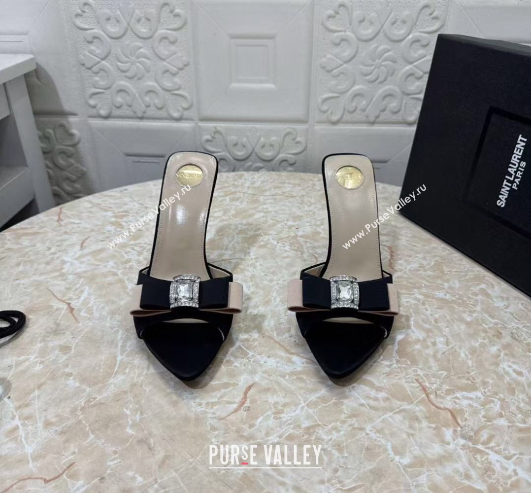 Saint Laurent Satin Heel Slides Sandal 10.5cm with Bow Black 2026 SL022402 (MD-260224100)
