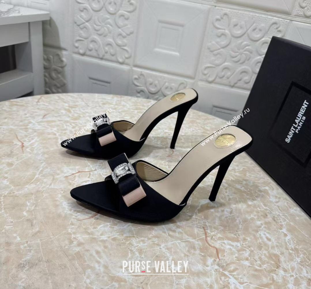 Saint Laurent Satin Heel Slides Sandal 10.5cm with Bow Black 2026 SL022402 (MD-260224100)