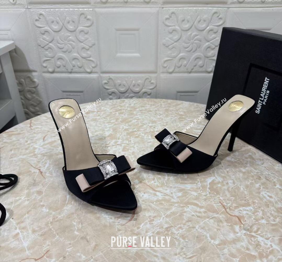 Saint Laurent Satin Heel Slides Sandal 10.5cm with Bow Black 2026 SL022402 (MD-260224100)