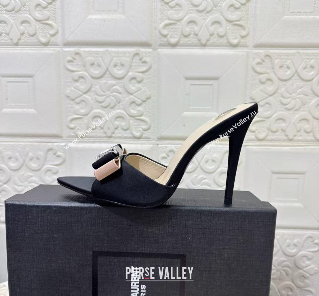 Saint Laurent Satin Heel Slides Sandal 10.5cm with Bow Black 2026 SL022402 (MD-260224100)