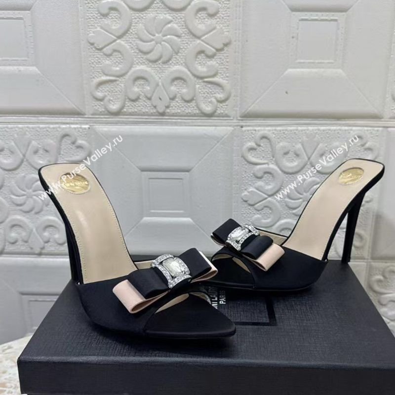 Saint Laurent Satin Heel Slides Sandal 10.5cm with Bow Black 2026 SL022402 (MD-260224100)