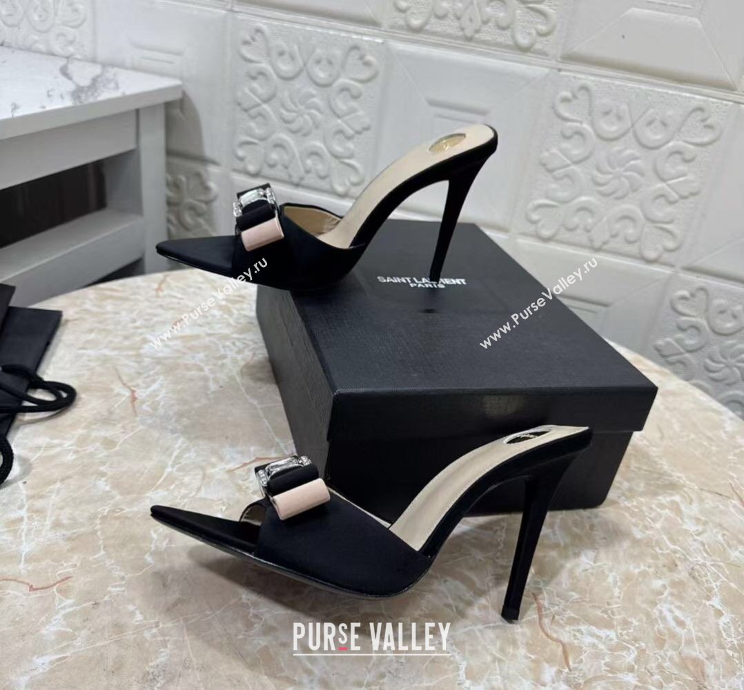 Saint Laurent Satin Heel Slides Sandal 10.5cm with Bow Black 2026 SL022402 (MD-260224100)