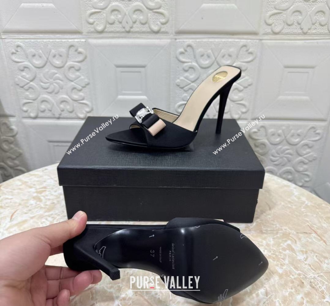 Saint Laurent Satin Heel Slides Sandal 10.5cm with Bow Black 2026 SL022402 (MD-260224100)