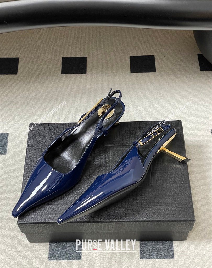 Saint Laurent Lee Slingback Pumps 5.5cm with Buckle in Patent Leather Blue 2026 799704 (MD-260224127)
