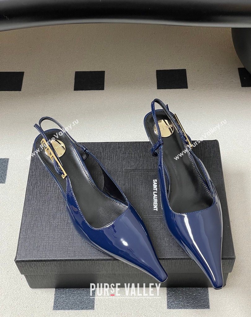 Saint Laurent Lee Slingback Pumps 5.5cm with Buckle in Patent Leather Blue 2026 799704 (MD-260224127)