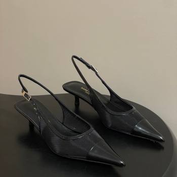 Saint Laurent Mesh and Patent Leather Slingback Pumps 4cm with Buckle Black 2026 SL082501 (MD-260224092)