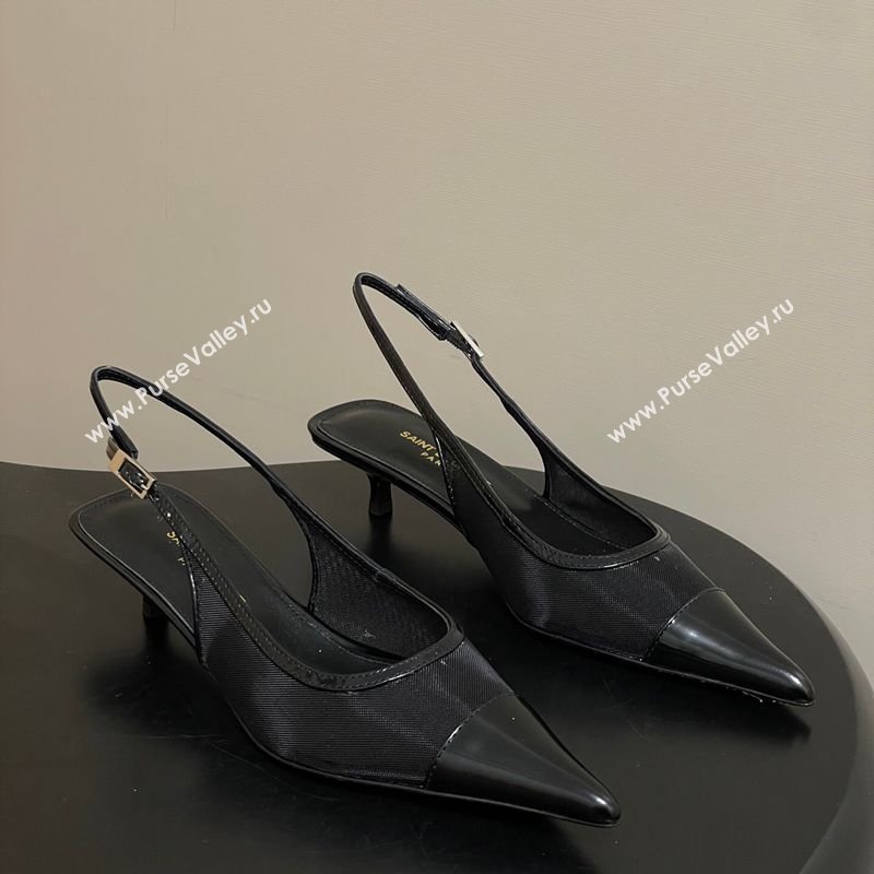 Saint Laurent Mesh and Patent Leather Slingback Pumps 4cm with Buckle Black 2026 SL082501 (MD-260224092)