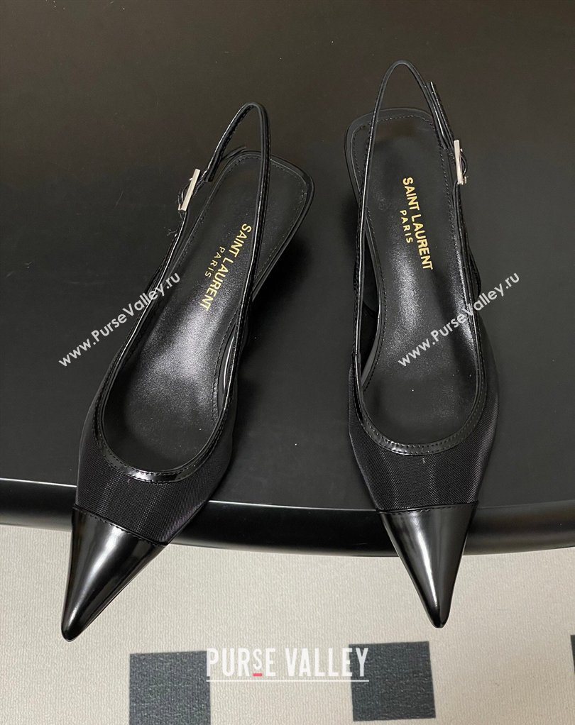 Saint Laurent Mesh and Patent Leather Slingback Pumps 4cm with Buckle Black 2026 SL082501 (MD-260224092)