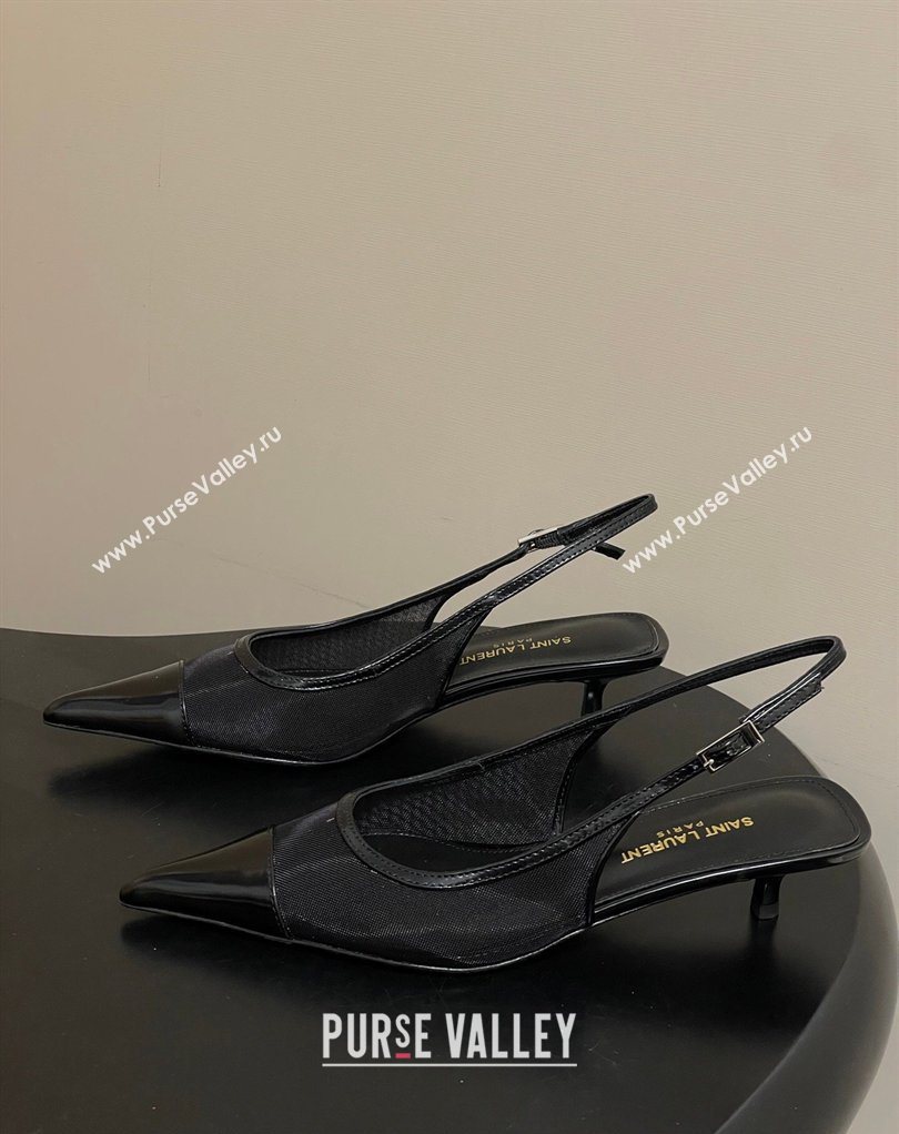 Saint Laurent Mesh and Patent Leather Slingback Pumps 4cm with Buckle Black 2026 SL082501 (MD-260224092)