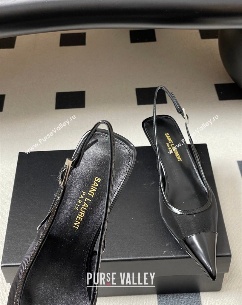 Saint Laurent Mesh and Patent Leather Slingback Pumps 4cm with Buckle Black 2026 SL082501 (MD-260224092)