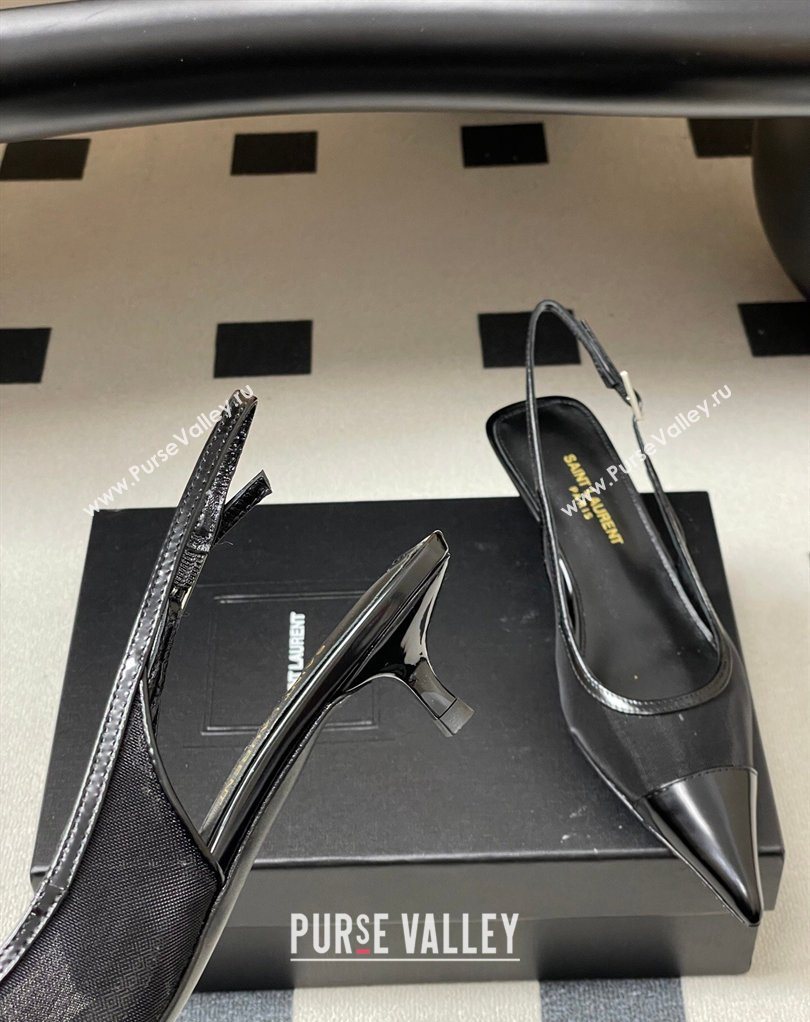 Saint Laurent Mesh and Patent Leather Slingback Pumps 4cm with Buckle Black 2026 SL082501 (MD-260224092)