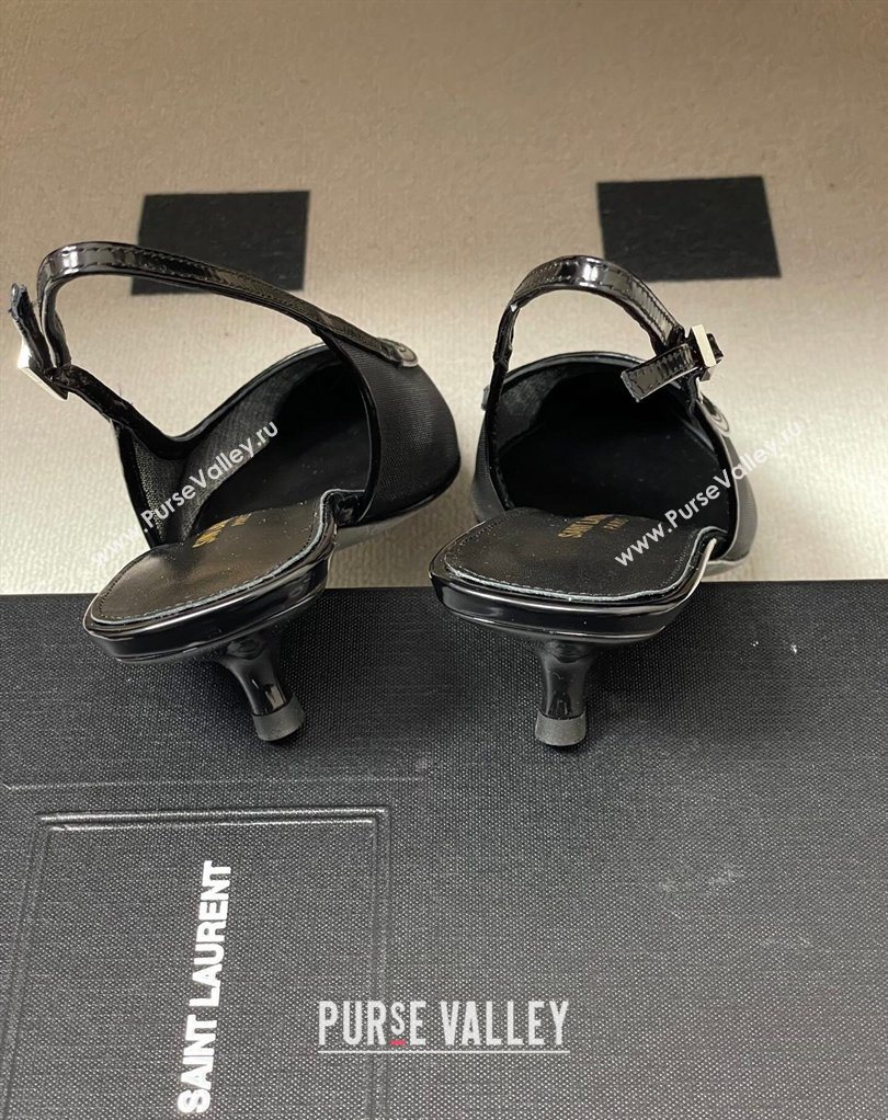 Saint Laurent Mesh and Patent Leather Slingback Pumps 4cm with Buckle Black 2026 SL082501 (MD-260224092)