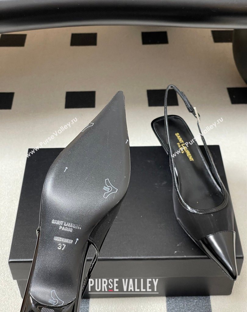 Saint Laurent Mesh and Patent Leather Slingback Pumps 4cm with Buckle Black 2026 SL082501 (MD-260224092)