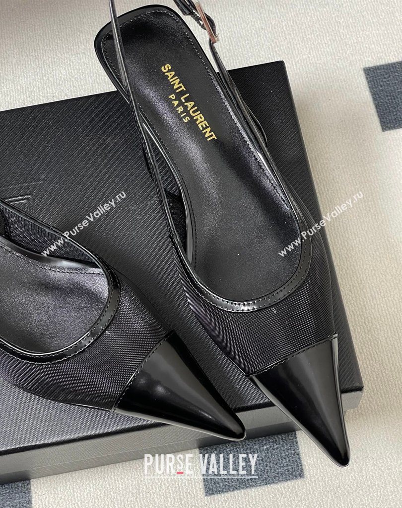 Saint Laurent Mesh and Patent Leather Slingback Pumps 4cm with Buckle Black 2026 SL082501 (MD-260224092)