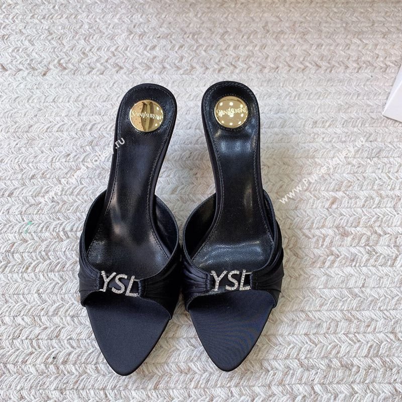 Saint Laurent Jerry Heel Slides Sandal 6cm in Satin Crepe Black 2026 8696549 (MD-260224163)