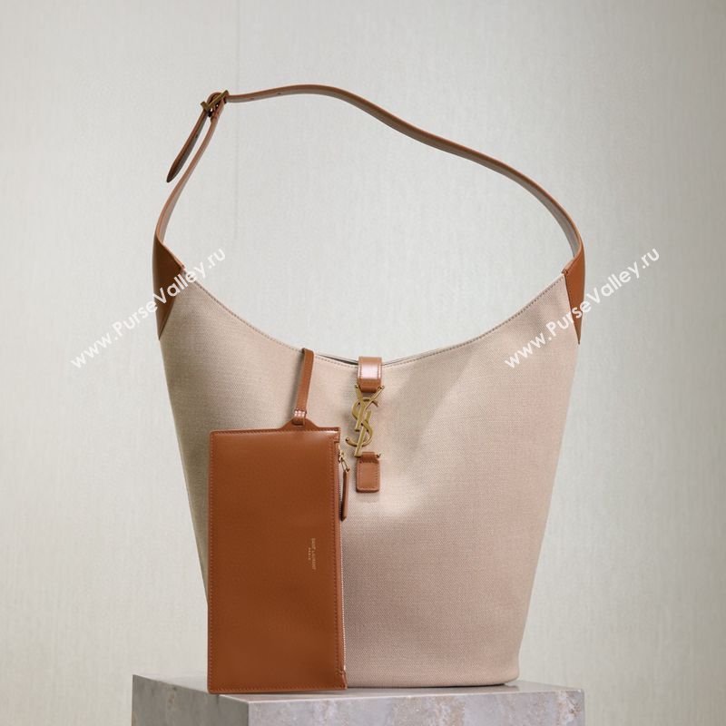 Saint Laurent LE 5 À 7 Supple Large Hobo Bag in Cotton Linen and Leather 753823 Brown 2026 (MHUI-260403122)