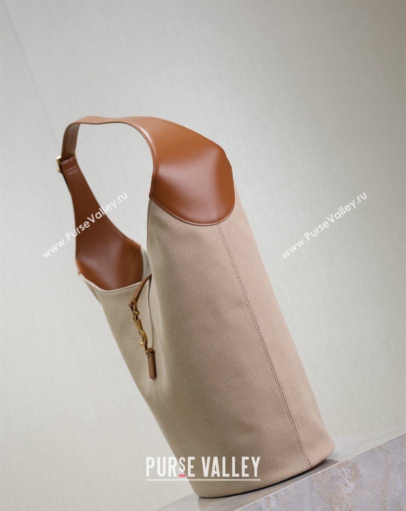 Saint Laurent LE 5 À 7 Supple Large Hobo Bag in Cotton Linen and Leather 753823 Brown 2026 (MHUI-260403122)