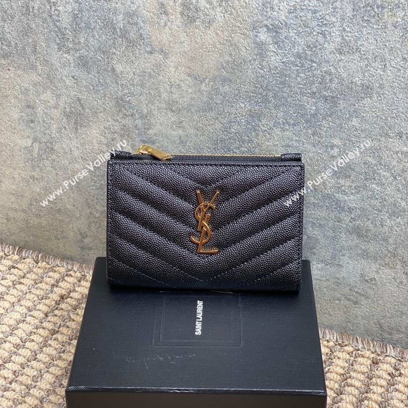 Saint Laurent Grained Leather Short Wallet Black/Gold 2026 575974 (MHUI-260403070)