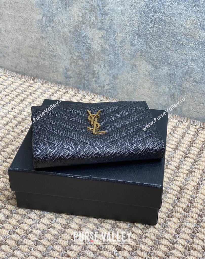 Saint Laurent Grained Leather Short Wallet Black/Gold 2026 575974 (MHUI-260403070)