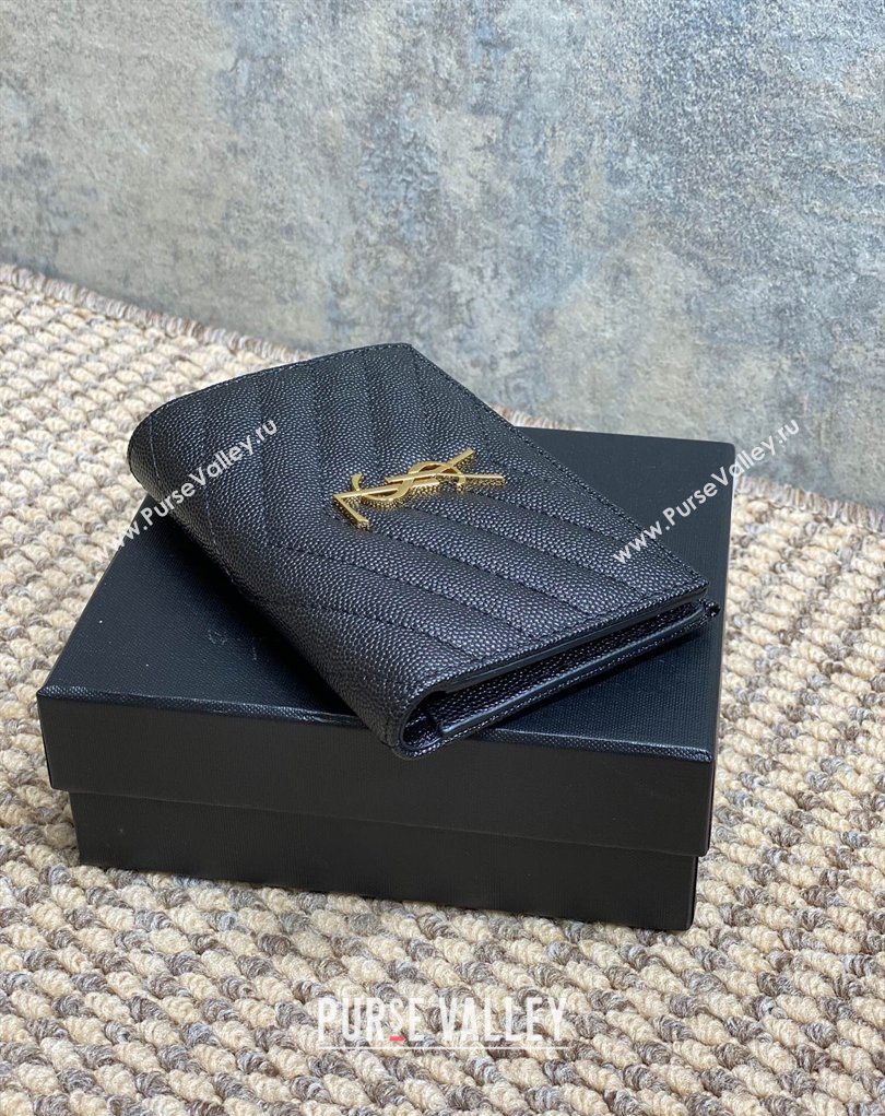 Saint Laurent Grained Leather Short Wallet Black/Gold 2026 575974 (MHUI-260403070)