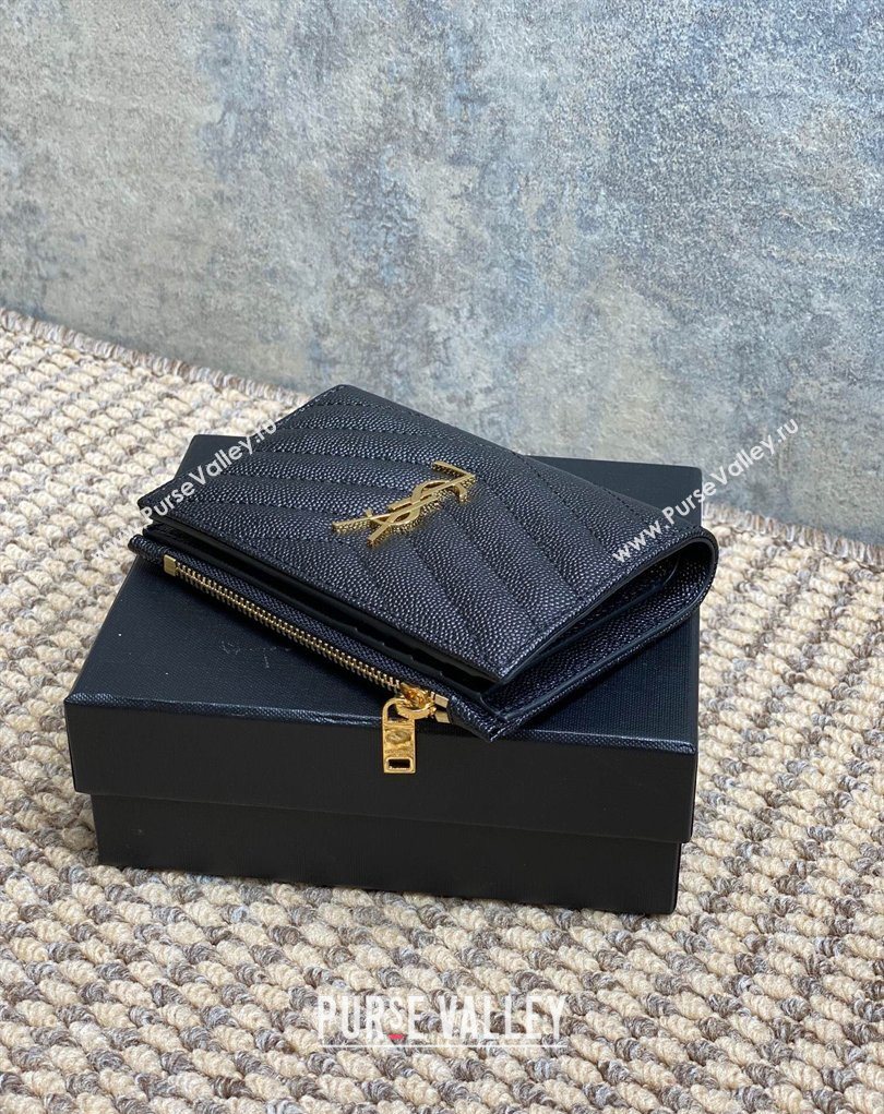 Saint Laurent Grained Leather Short Wallet Black/Gold 2026 575974 (MHUI-260403070)