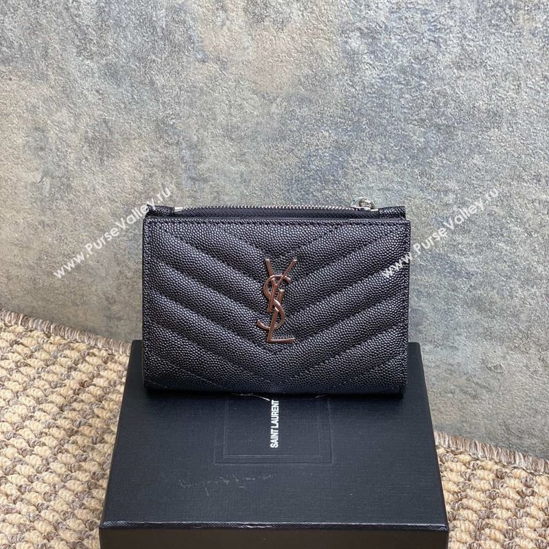Saint Laurent Grained Leather Short Wallet Black/Silver 2026 575974 (MHUI-260403072)
